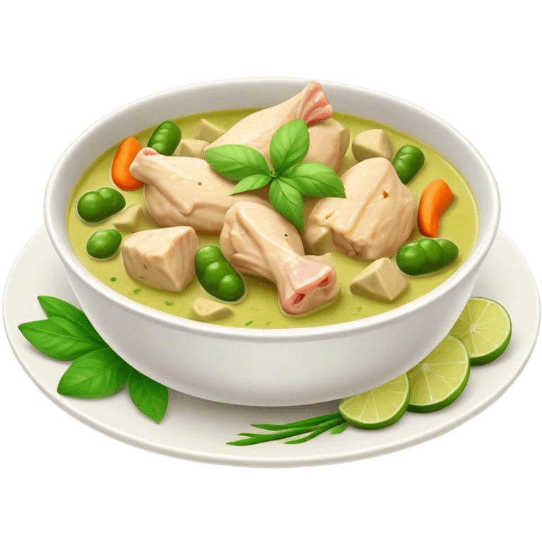 Green Chicken Curry Cinematic Realistic Green Chicken Curry Dish Emoji, depicted as tender chicken chunks simmered in a fragrant green curry sauce with vegetables, rendered with vivid textures and dynamic, vibrant lighting. emoji