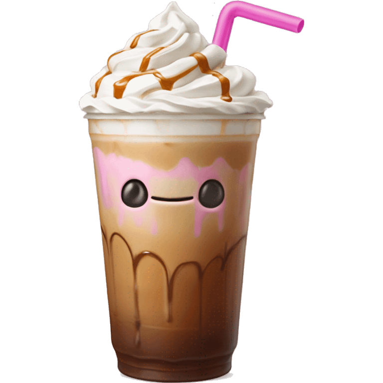 Caramel iced coffee with whipped cream and caramel drizzle with light pink straw emoji