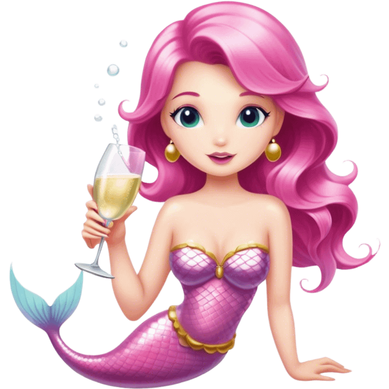 A caucasian mermaid drinking champagne dressed in pink emoji