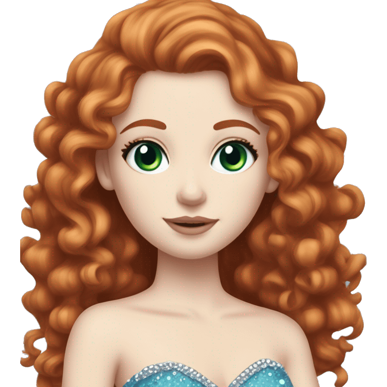  Red long hair curly girl, pale skin, white foundation, purple eyeshadow, with green eyes and a blue bedazzled dress with a small tiara on her head, with mascara on her eyes blue dress pale skin emoji