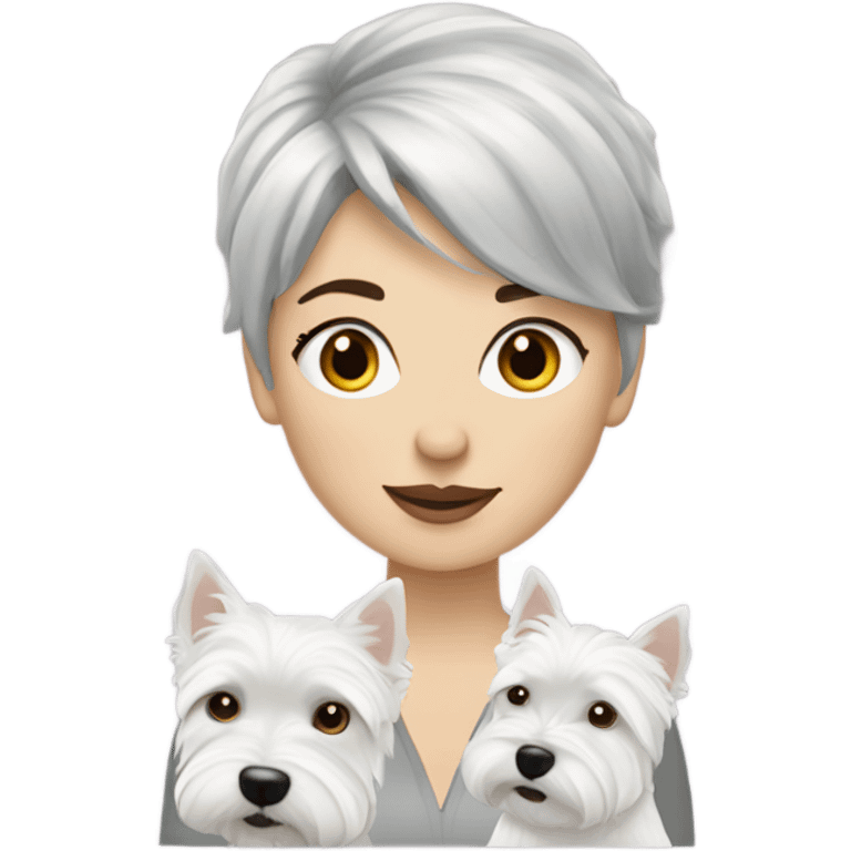 Gray short hair lady fair skin with 3 westies with bed hair emoji