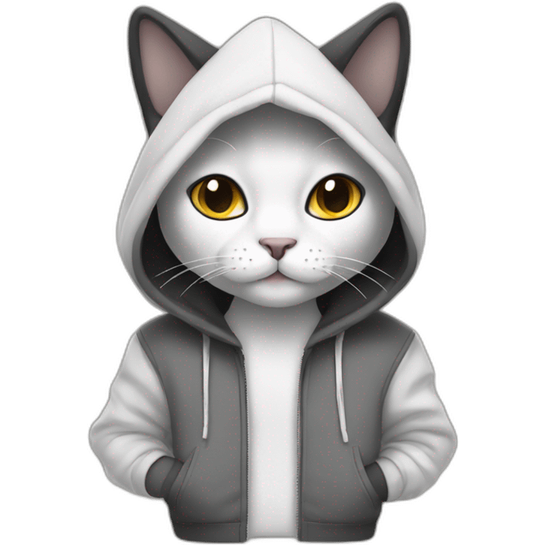 Cat who is black and white wearing hoodie emoji