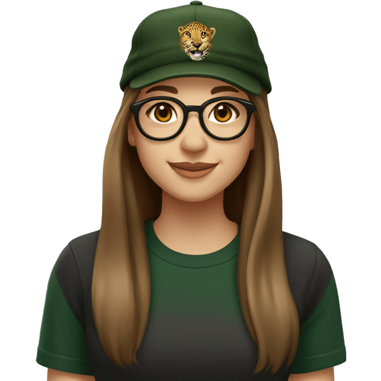 Slavic girl, light skin, smiling with teeth, round brown eyes, leopard frame glasses, long brown straight hair, black T-shirt, dark green cap, badge ribbon. emoji