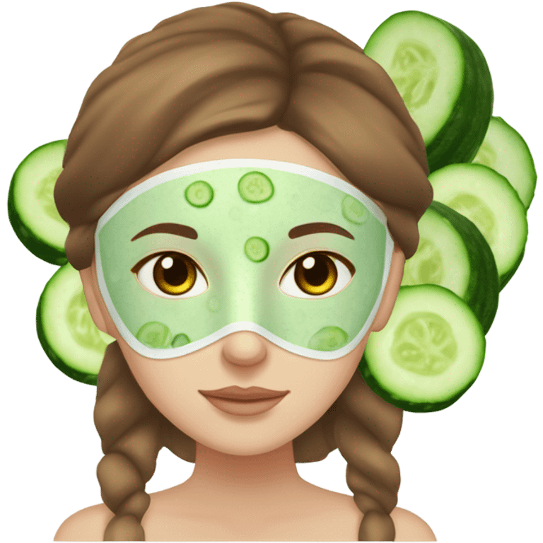 Girl with freackles Brown hair white skin and blue eyes wears Green skin care mask while She relaxes and two round piece cucumber on her closed eyes emoji