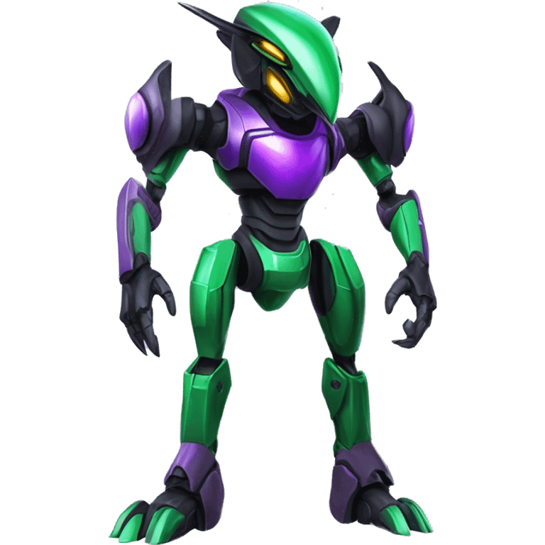 a shiny black-green-purple Genesect-Raptor-Fakémon-Medabot-hybrid with a futuristic visor-helmet full body emoji