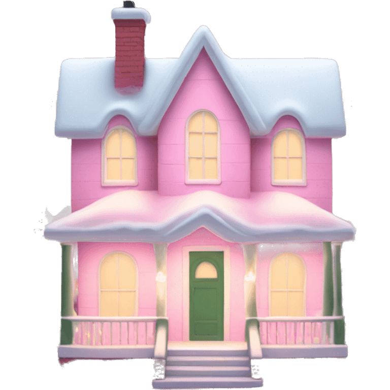 Pastel pink Christmas house with Christmas lights and evergreen trees emoji