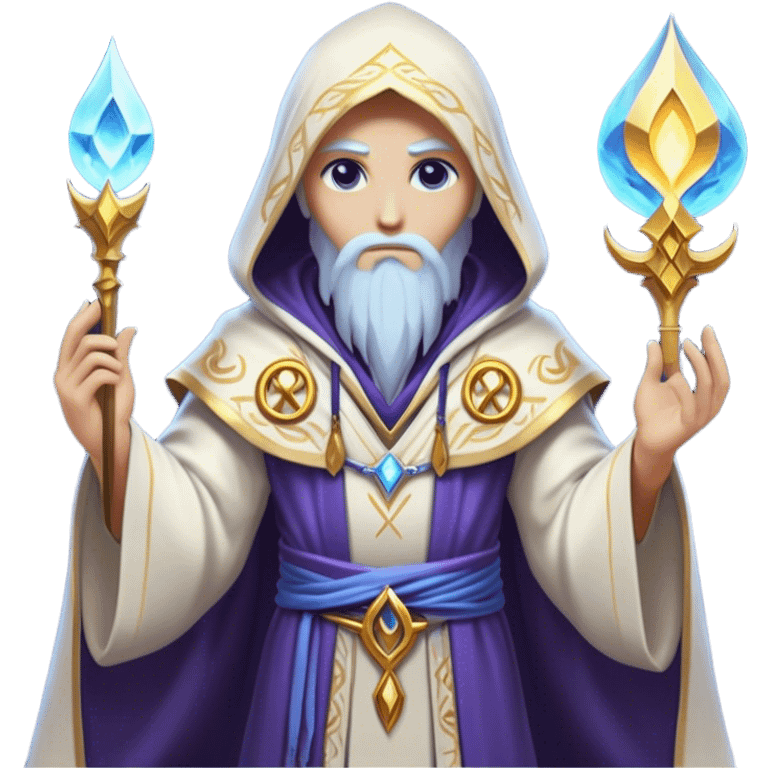 Clash of Clans aesthetic friendly Mage Portrait Emoji, With an enigmatic, slender build draped in flowing mystical robes adorned with arcane symbols, piercing eyes and a determined aura, his face rendered in a natural skin tone (not yellow), Simplified yet sharply defined features, highly detailed, glowing with a cool, otherworldly radiance, high shine, wise and resolute, stylized with an air of ancient sorcery, focused and mystical, soft glowing outline, capturing the essence of a powerful mage ready to unleash enchanted spells on epic adventures! emoji