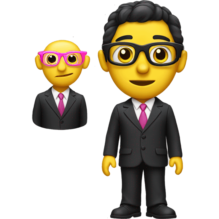 white pinocchio puppet with pink an yellow glasses, a big nose, black hair and a business suit. emoji