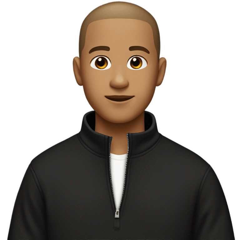 boy with very light brown skin, buzz cut, no facial hair, wearing a smart black quarter zip jumper with white t shirt underneath. emoji