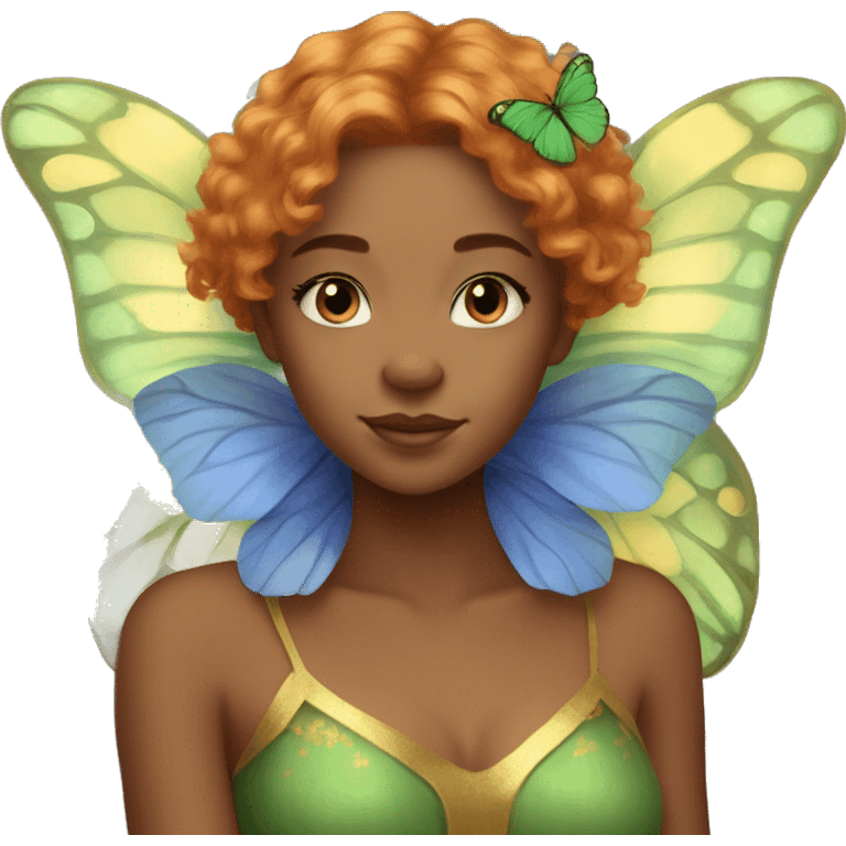 Beautiful, cornflower, fairy, green, gold, chest length ginger hair, big green and gold butterfly wings emoji