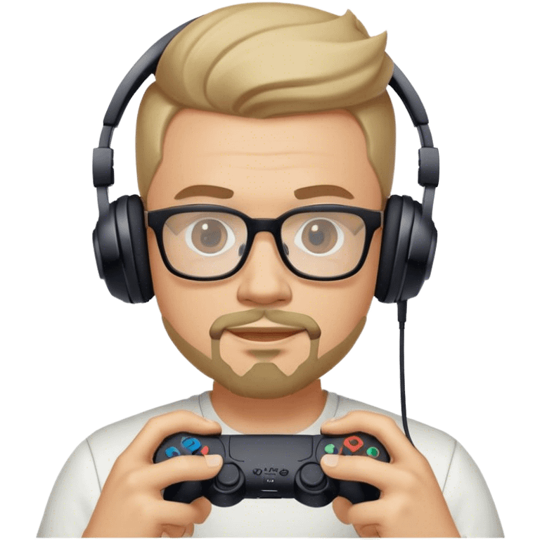 Muchacho guapo con lentes con barba de candado con audífonos jugando playstation  emoji