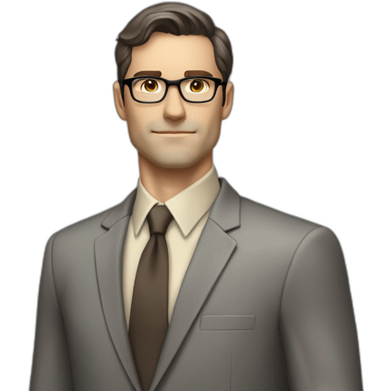 Full height Pale skinned Fit Man With dark brown hair in classic gray suit, beige office shirt, dark gray tie, and vintage glasses. His hands lock emoji