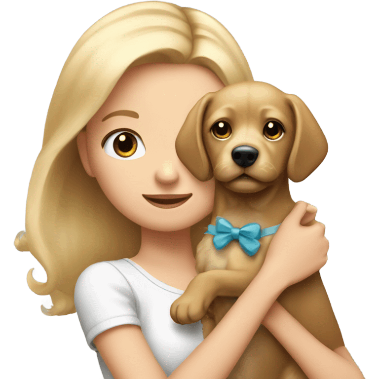 girl with blonde hair holding cute dog with bow emoji