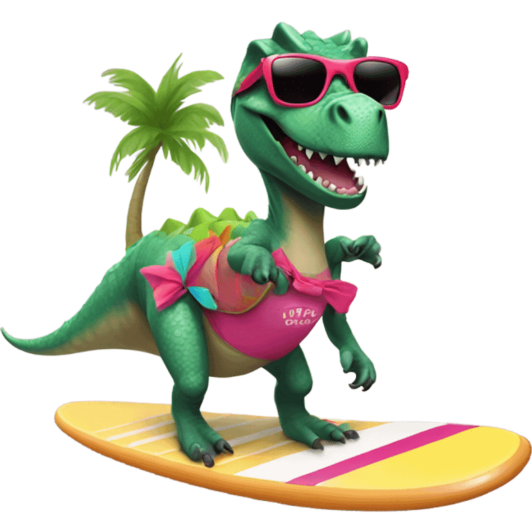 Dinosaur on a surfboard wearing a tutu and sunglasses emoji