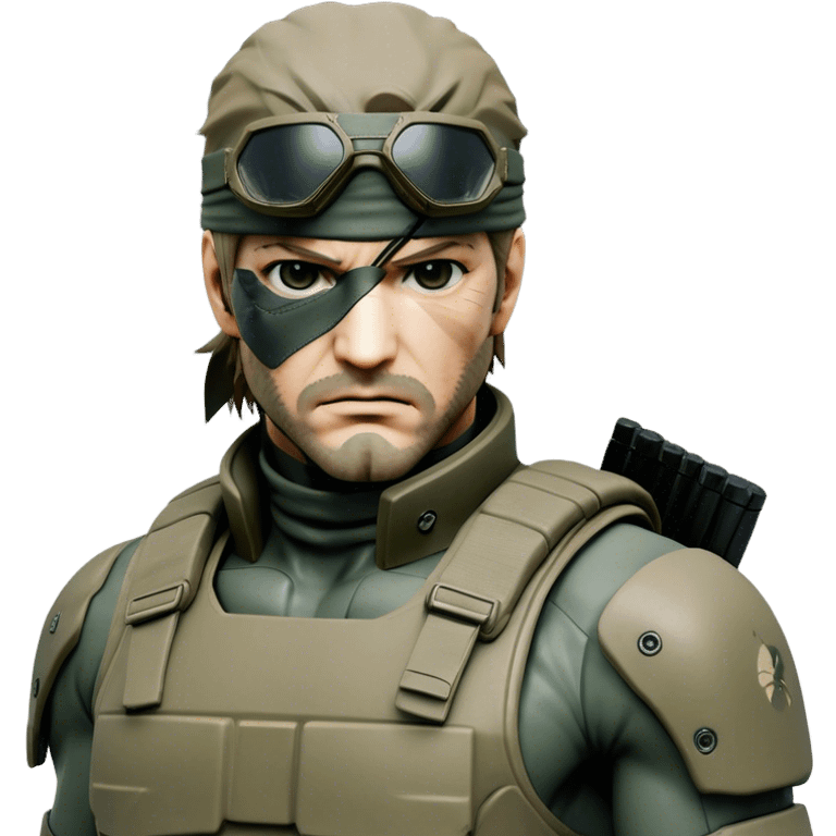 Cinematic Realistic Metal Gear Solid Snake Soldier Portrait, head tilted epicly and inquisitively, showcasing a commanding presence and tactical acumen. His weathered face, intense eyes, and meticulously rendered combat gear in muted earth tones are brought to life with lifelike clarity and dramatic lighting, high shine, epic and awe-inspiring, embodying the covert prowess of a true warrior of the shadows. emoji