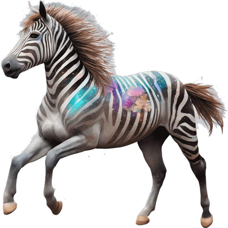 Ethereal zebra newspaper cutting flowers graffiti magazine collage glittering iridescent rich chestnut brown blue mane horse galloping through constellations and nebulas, unicorn Pegasus emoji