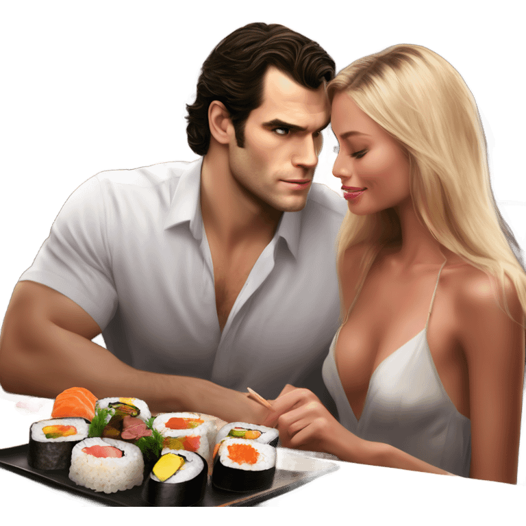 realistic photo of Henry Cavill with a beautiful  victoria secret model on a candle lit sushi date emoji