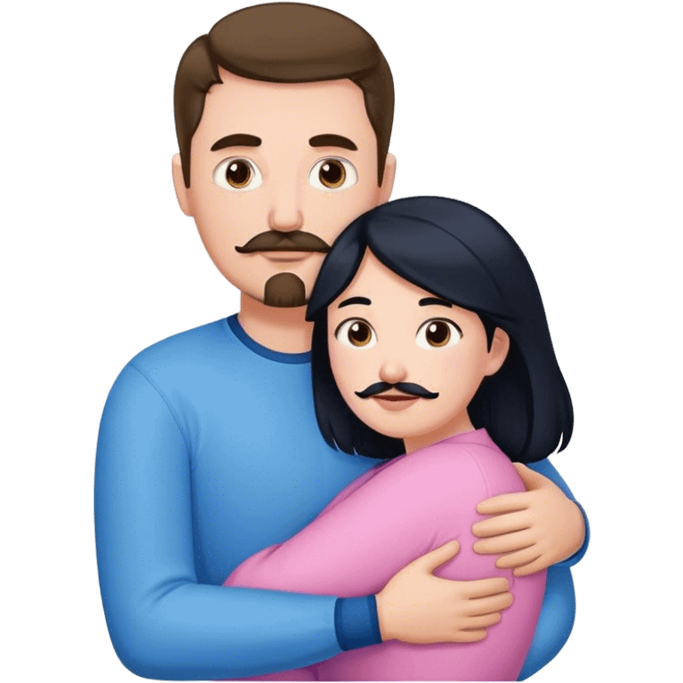 Tall white man with brown mustache goatee wearing blue hugging a chubby short pale woman with long black hair wearing pink emoji