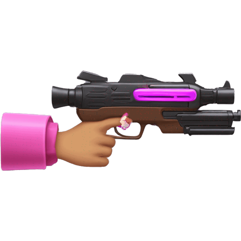 brown hand with pink nails holding large scary dark nerf gun emoji