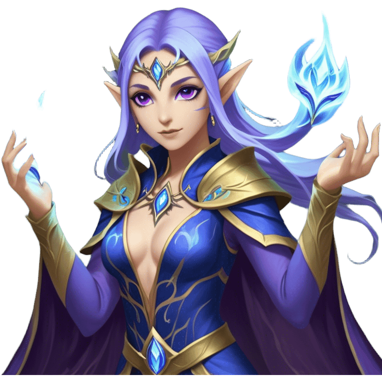 Cinematic Realistic WoW Elf Mage Portrait, captured in a dynamic, battle-ready stance, her graceful form exuding raw arcane energy. Her luminous skin and delicate features, set against an intricately detailed robe in consistent deep blues and purples with golden accents, are rendered with lifelike texture and dynamic, magical lighting, high shine, fierce and commanding, embodying the relentless spirit of an elven sorceress mid-spell. emoji