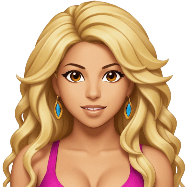 Cinematic Realistic portrait of Shakira, shown as a dynamic pop icon with expressive features and detailed modern attire, illuminated by vibrant, energetic lighting that highlights her global influence emoji