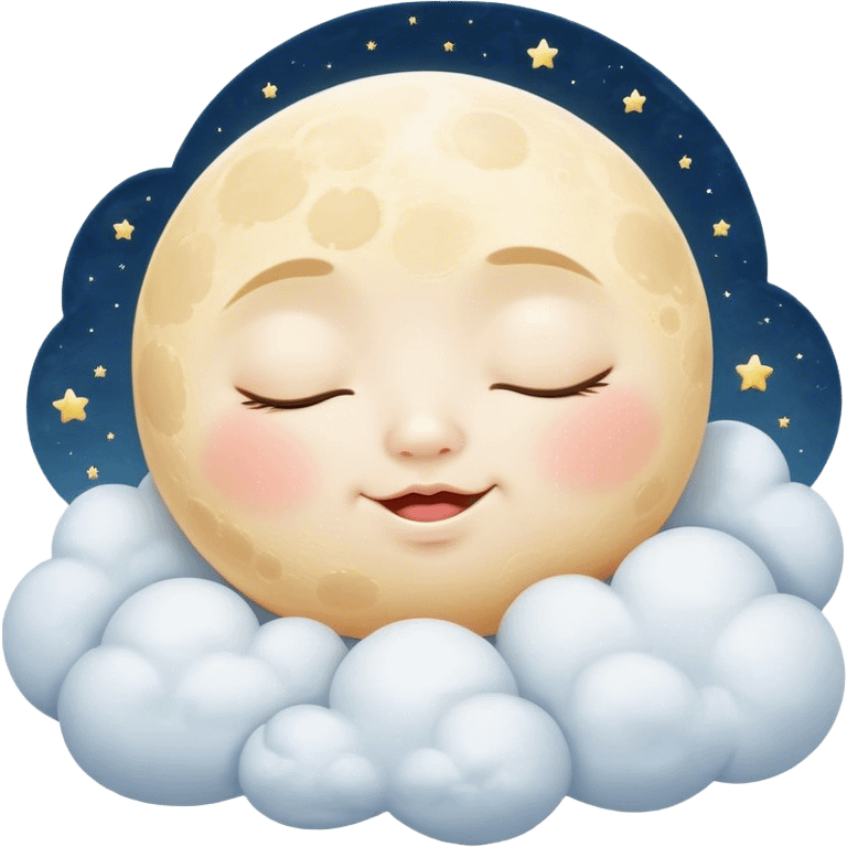 Cinematic adorable moon with a sleepy face, round and chubby, soft glowing light, tiny rosy cheeks, resting on a bed of fluffy clouds, dreamy and peaceful. emoji