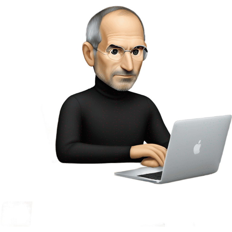 Steve Jobs wearing a black turtleneck using a MacBook emoji