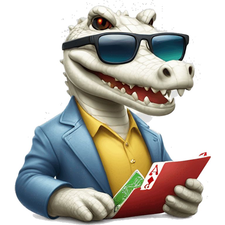 White crocodile wearing sunglasses playing poker emoji