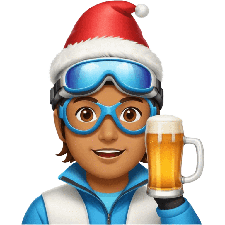 After-ski, a skier, wearing modern skiing goggles, drinking beer. Party emoji