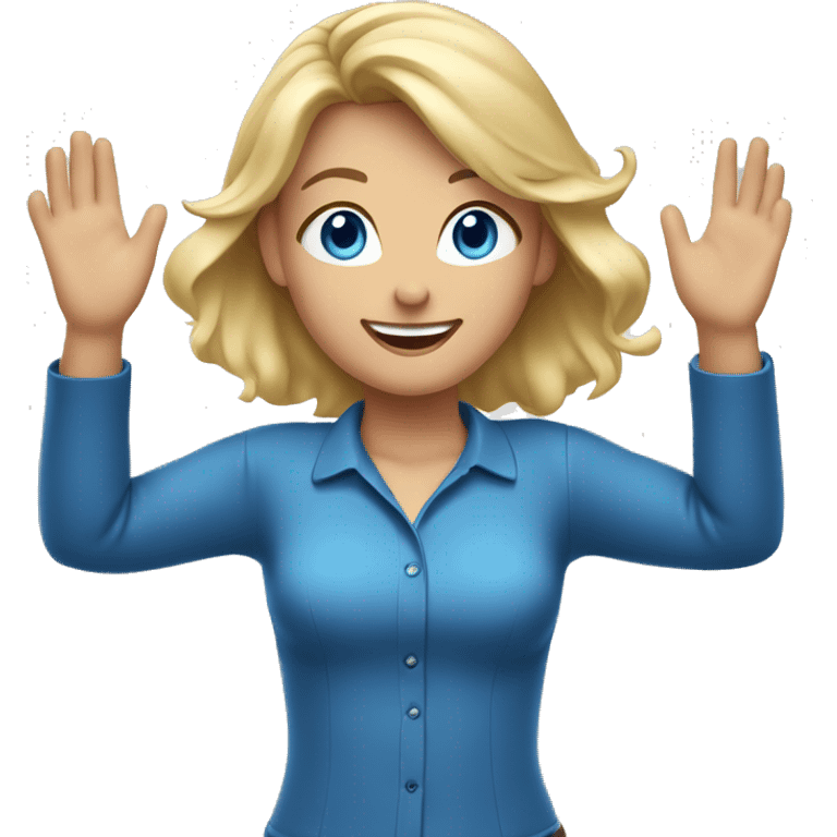 Blonde Girl with blue eyes with both hands in the air. Happy, frontal view above waist only. Enjoying emoji