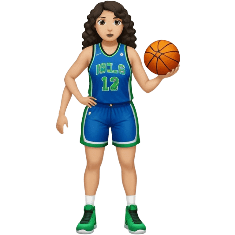 full body plus size light skin latino women basketball player with wavy dark hair large wide nose wearing blue with green uniform emoji