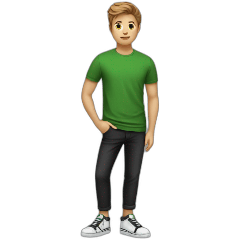 jongen met een bruine huisdkleur en groen en t-shirt en zwarte broek en zwarte schoenen emoji