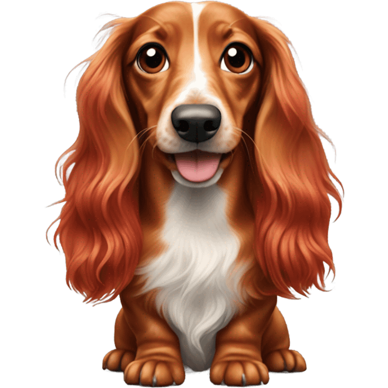 A long-haired marble dachshund stands red-haired emoji