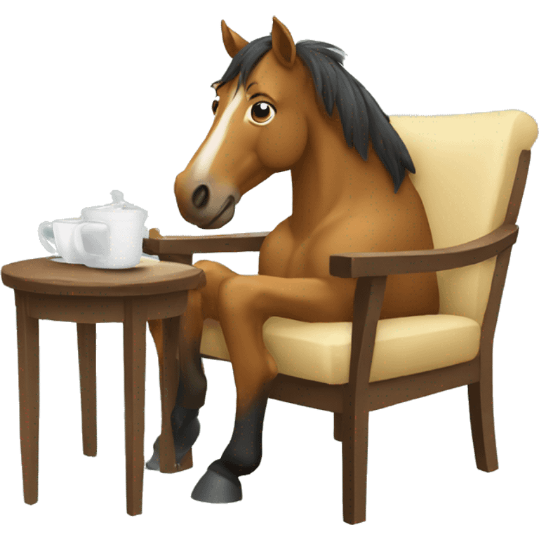 horse drinking tea looking at camera sitting in a chair emoji