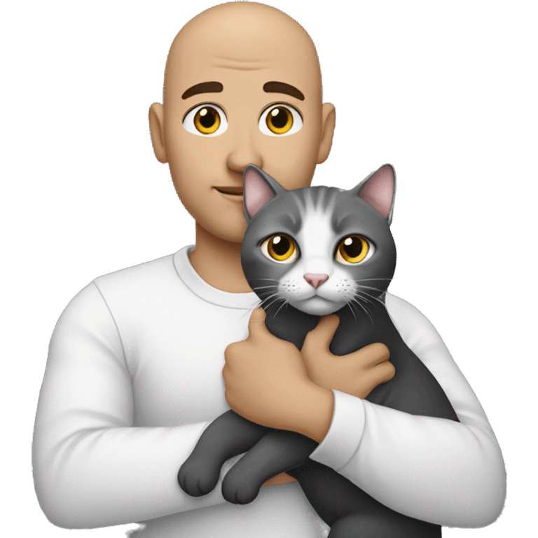 a bald handsome man holds a fat cat in his arms, the color of which is gray and black emoji