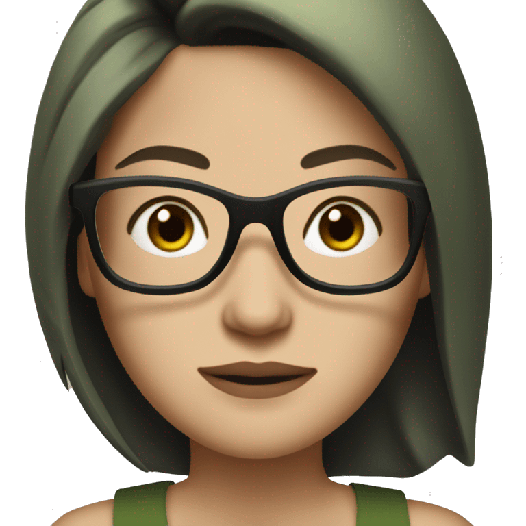 white skined woman with black straight hair with a olive green tank top with glasses tortoise  emoji