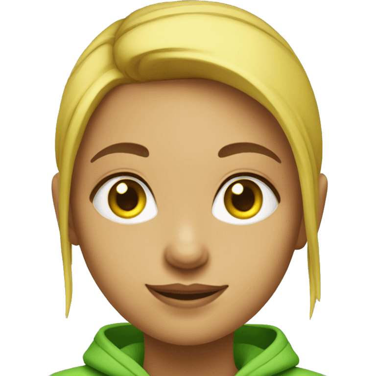 a girl with a ponytail on her head with green eyes and a yellow hoodie emoji