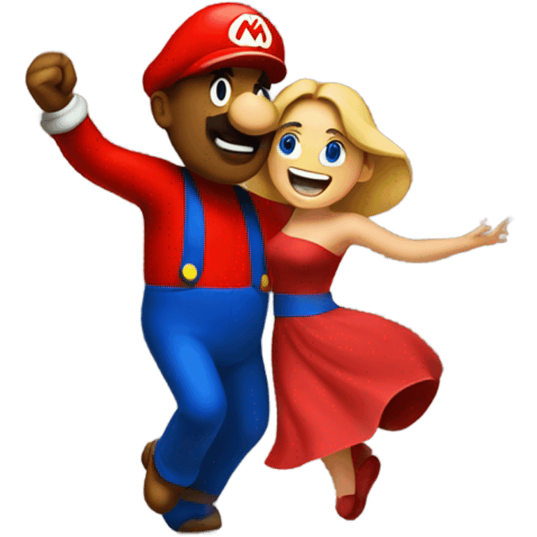 Woman dancing with a man wearing a giant Mario costume head emoji