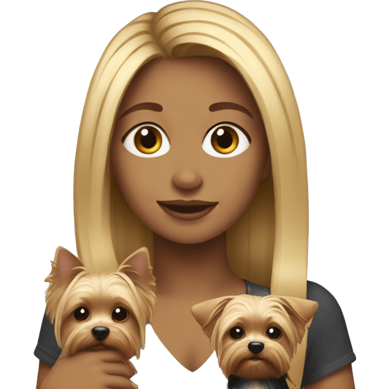 Girl with blonde highlights holding a yorkie  emoji