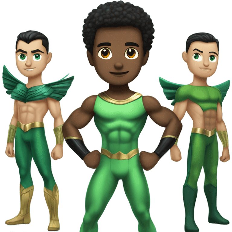 A full body Muscular Afro teenage boy standing in a green and the Sub Mariner Prince Namor with “wings on each ankle superhero costume. emoji