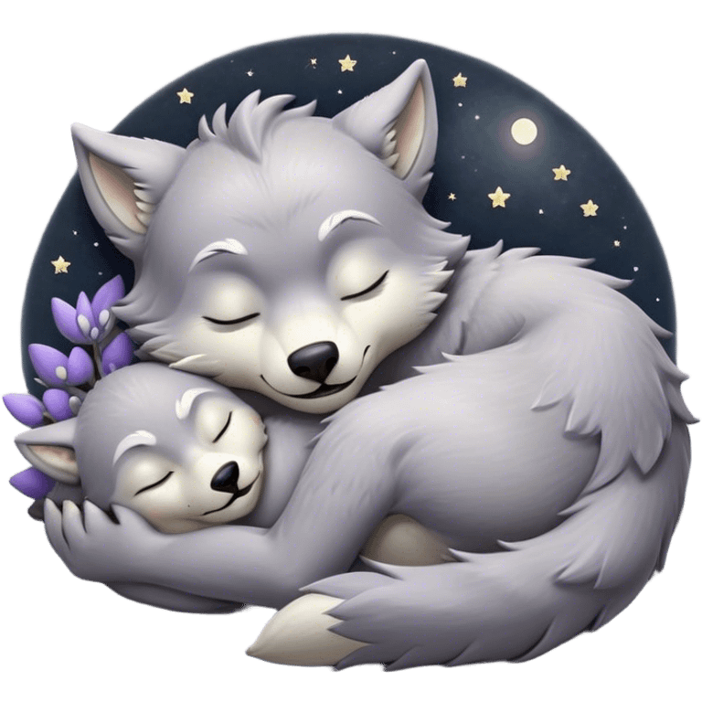 Meme-Worthy Cute Sleeping Werewolf Portrait Emoji, with a cuddly, miniature lupine form in soft moonlit grays and silvers, head resting peacefully with gently closed dreamy eyes and a small, content smile, simplified yet irresistibly endearing, highly detailed with a soft glowing outline that captures the cozy, sleepy essence of a werewolf after frolicking under the full moon! emoji