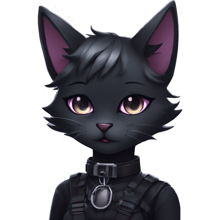 Gorgeous gothic dark techwear anime style anthro black cat furry with blushing face aesthetic and pretty edgy black with collar and harness trending style emoji