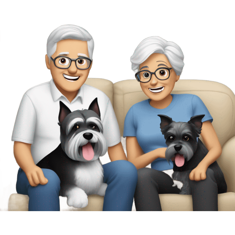 Two grandparents with grey hair sitting on the couch watching the superbowl with their schnauzer black and white dog￼ emoji