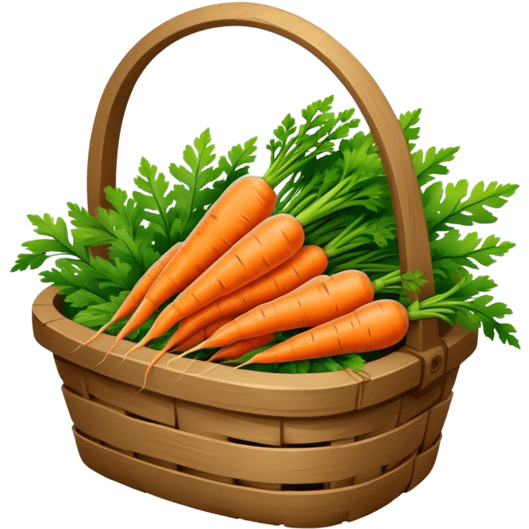 Cinematic vibrant orange carrot, crisp and fresh, slightly twisted with green leafy tops, arranged in a rustic wooden basket, natural and inviting. emoji