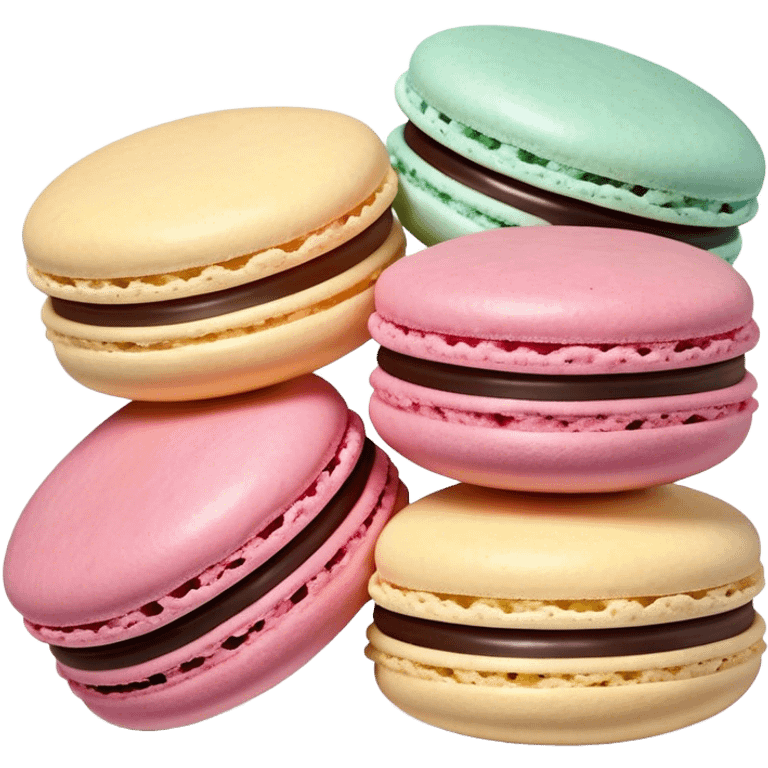 Cinematic Realistic Macaroon Dessert Emoji, showcasing colorful, delicate meringue-based cookies with a crisp exterior rendered with vibrant textures and playful, soft lighting. emoji