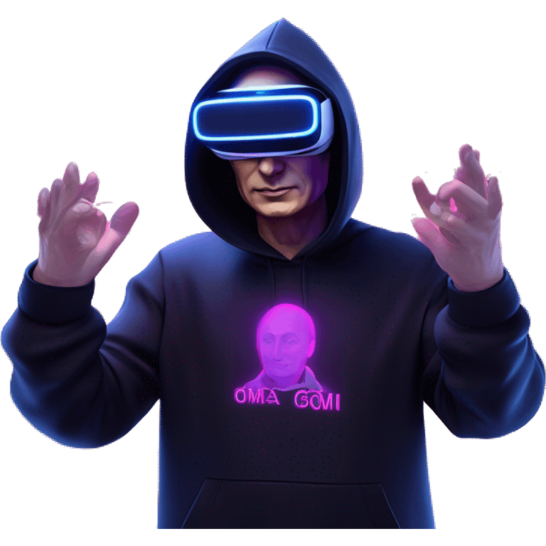 Vladimir Putin wearing a black hoodie with "OMG" letters on it and VR headset oculus quest 2 in a cyberpunk VR environment with violet neon lighting. emoji