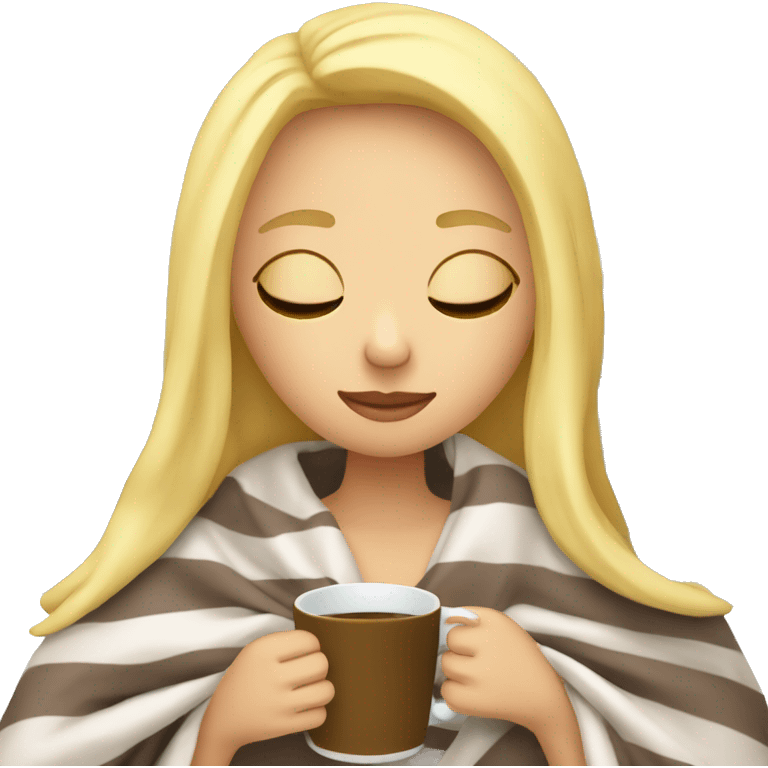 Blonde girl inside a blanket sipping coffee eyes closed emoji