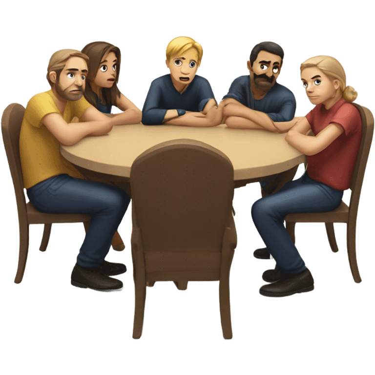 6 Caucasian people sitting around a table looking unhappy emoji