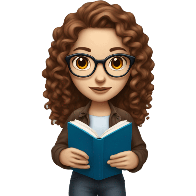 a white skinned girl, with curly brown long hair, blue eyes anf glasses, and some ear piercings is holding a red big law book emoji