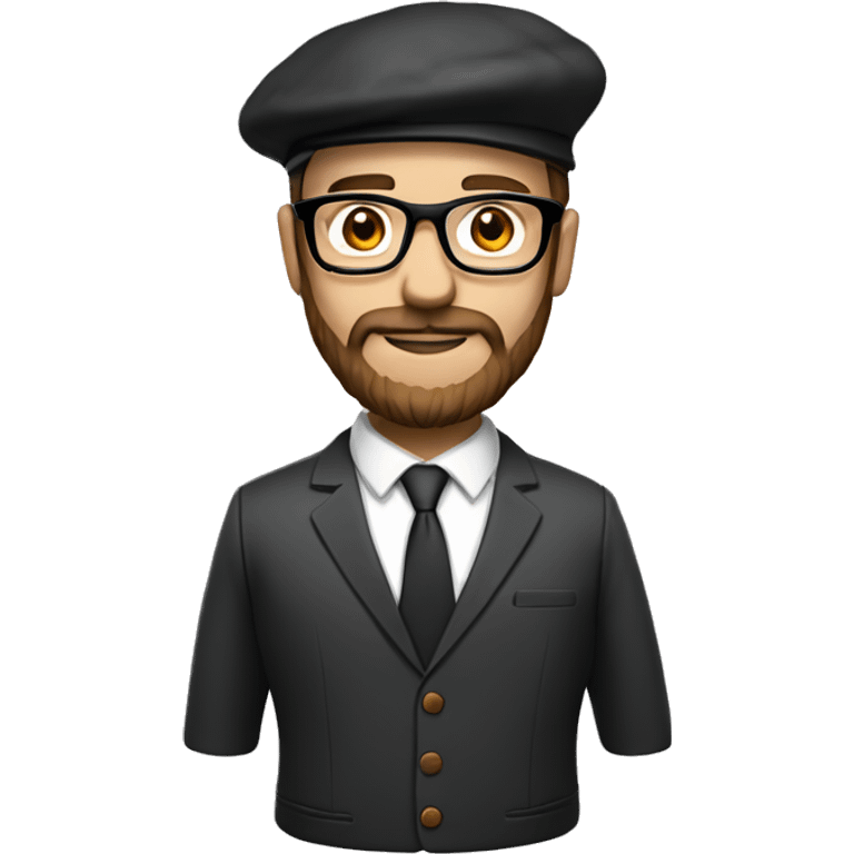 man, long brown beard, white skin, suit, brow shoes, glasses, beret hat emoji